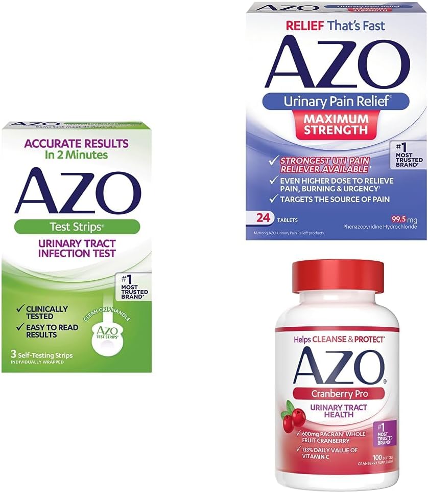 AZO UTI Pain Relief Bundle – AZO UTI Test Strips 3ct, AZO Urinary Pain Relief Max Strength 24ct, AZO Cranberry Pro Suplemento 100ct
