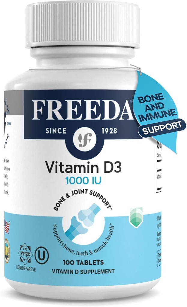 FREEDA Vitamina D3-1000 UI - Pure High Potency Kosher Supplement Tablets - Bone and Muscle Health, Calcium Absorption, Immune Support for Men and Women* - 100 Count