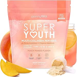 SkinnyFit - Super Youth Collagen for Women - Multi Collagen Peptides Polvo - Probióticos, Fibra, Ácido Hialurónico - No GMO, Gluten Gratis, Azúcar Libre - Belleza &amp; Self Care - Peach Mango (28 Servings)