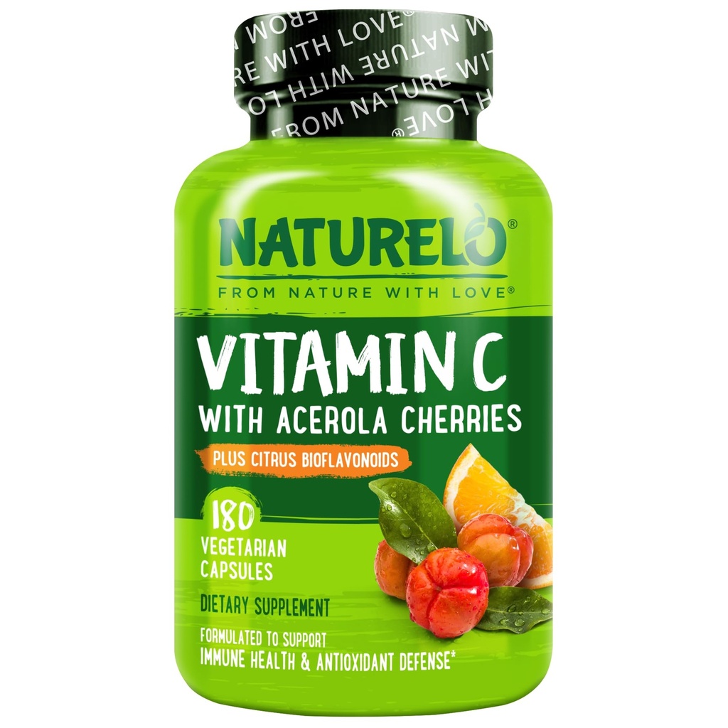 NATURELO Vitamin C with Organic Acerola Cherry Extract and Citrus Bioflavonoids - Vegan Supplement - Immune Support - 500 mg VIT C per Cap - Non-GMO - 180 Capsules