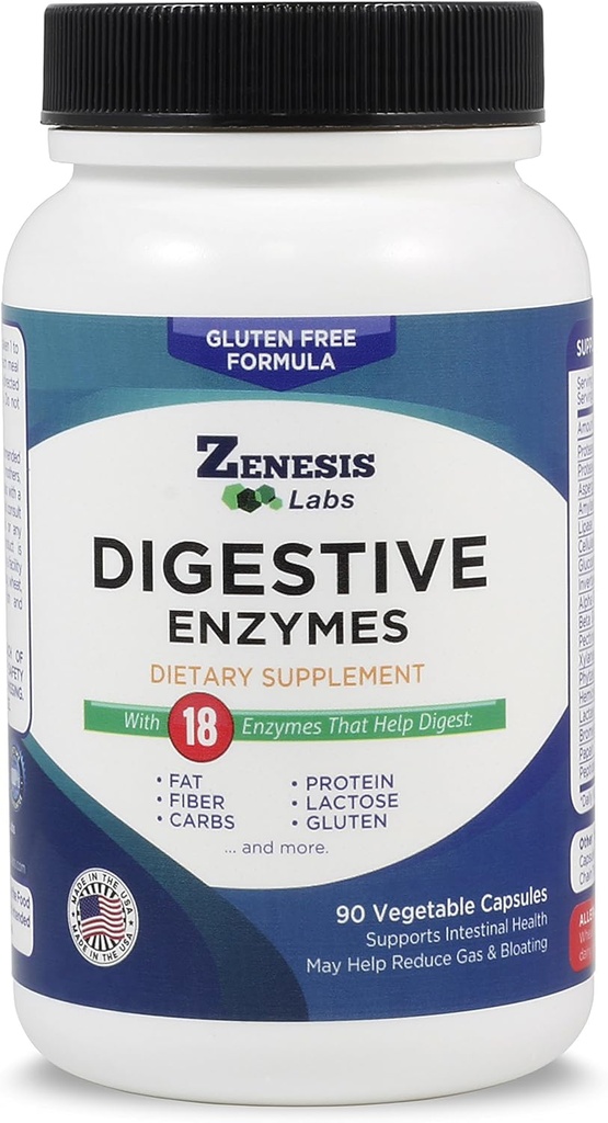 Zenesis Labs Digestive Enzymes - con Amylase, Bromelain, Protease, Lipase, < 14 Otras Enzymes - 90 Capsules