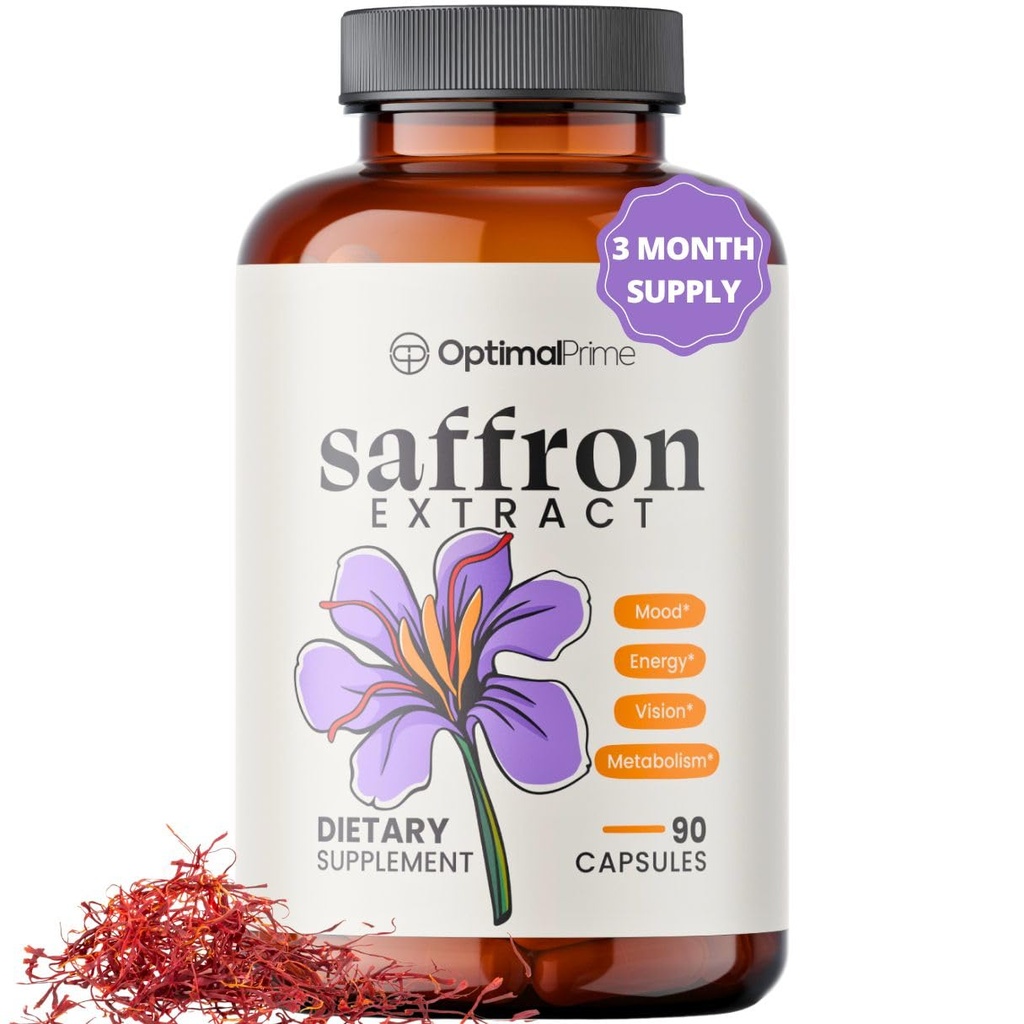 Optimal Prime Saffron Supplement - 100% Pure Saffron Extract 88.5mg - Ayuda a apoyar el humor óptimo, la energía y el metabolismo, Vegetarian Friendly, Non-GMO, Gluten-Free, Soy-Free, 90 cápsulas
