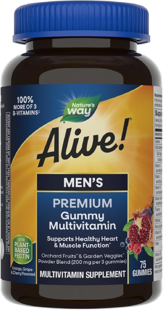 ¡La naturaleza está viva! Multivitamina de goma Premium de los hombres, soporta el corazón saludable, función muscular*, Complejo completo B-Vitamin, naranja, uva, sabor cereza, 75 gomas (paquete mayo Vary)