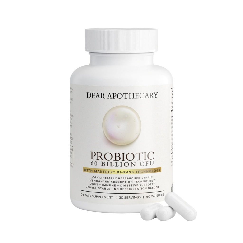Probiotic 60 Billion CFU, 4 Clinically-Studied Strains with MAKTREK Bi-Pass Delivery, Prebiotic FOS, Shelf-Stable Gut Health & Immune Support, Non-GMO, 60 Capsules