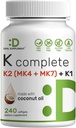 DEAL SUPPLEMENT Vitamin K Complete - 240 Coconut Oil Softgels | High Potency Vitamin K2 (MK-7 and MK-4) & K1 | Full Spectrum Triple Vitamin Ｋ | Bone, Joint, & Immune Support – Non-GMO
