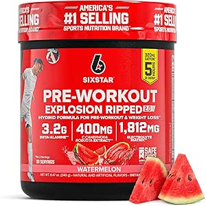 Explosión pre-operatoria de seis estrellas, sandía (30 servidumbres) - Preworkout Energy Powder Suplemento para hombres y mujeres - Pre Workout Drink Mix with Creatine & Beta Alanine - Sports Nutrition Products