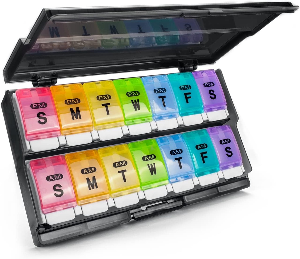 Extra Large Weekly Pill Organizer 2 veces al día - Remtise Am/Pm Daily Pill Case Medicine Organizer, Push Button 7 Day Pill Box for Pills/Vitamin/Cod Liver Oil/Supplements (Rainbow)