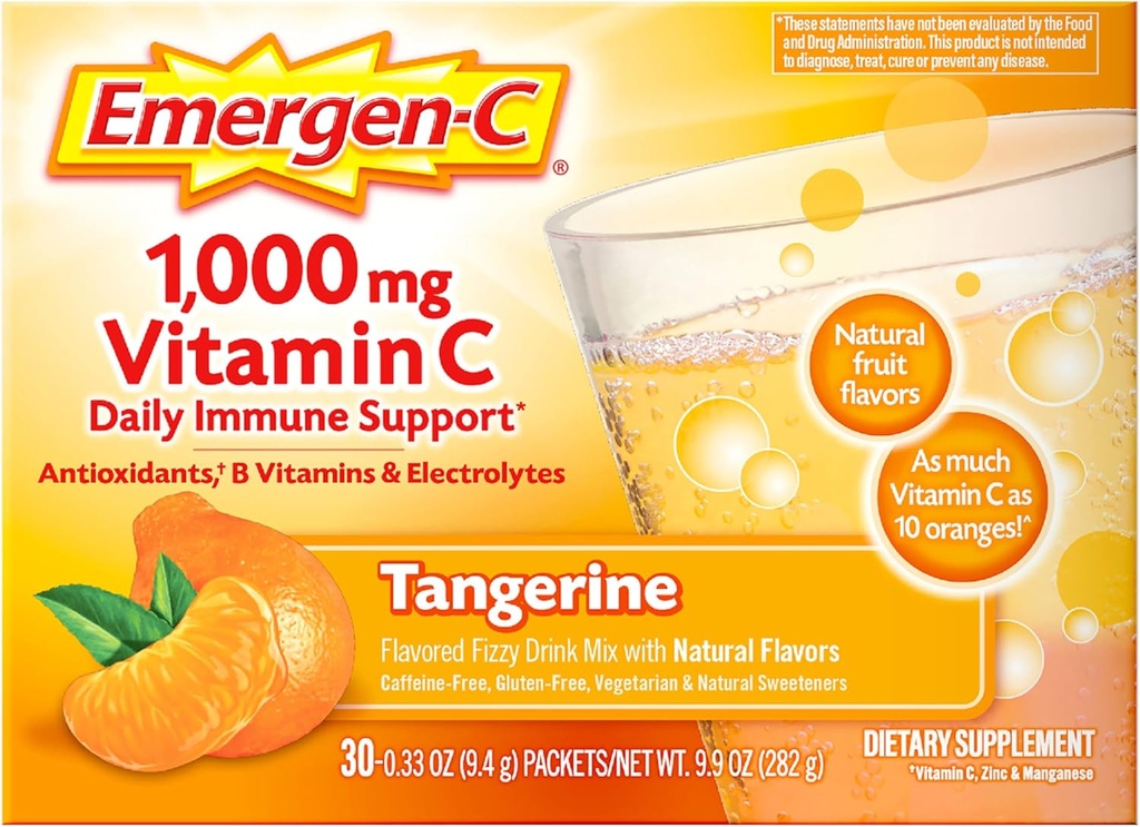 Emergen-C 1000mg Vitamina C Immune Support Powder Tangerine 30CT incluye Zinc, Manganese, 7 B Vitaminas y Electrolitos para Volver a Esenciales Escolares