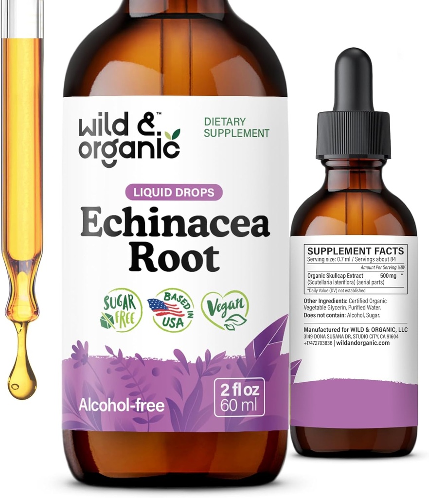 Wild & Organic Echinacea Tincture - Immune Support Drops with Liquid Echinacea Root Extract - Angustifolia Supplements - Vegan, Sugar &amp; Alcohol-Free - 2 fl oz