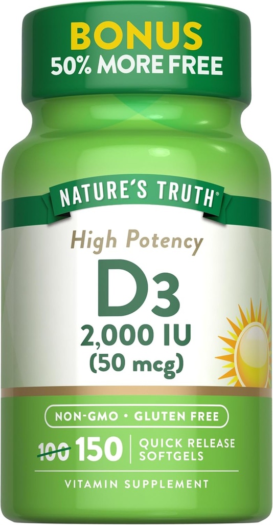 La Verdad de la Naturaleza Vitamina D3 2000 UI Softgels para Adultos Silencioso 150 Conde ← Alta Potencia Silencio No GMO y Gluten Suplemento Gratis