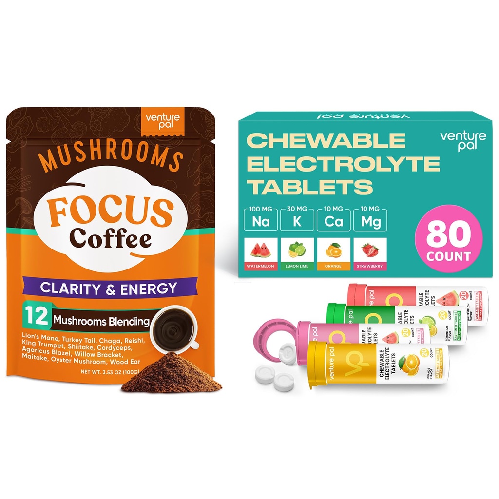 Venture Pal Mushroom Coffee & Electrolyte Tablets Bundle: 12 in 1 Coffee with Ashwagandha for Focus & Immunity + Sugar-Free Chewable Electrolyte Tablets for Rapid Hydration - 40 Servings & 80 Count