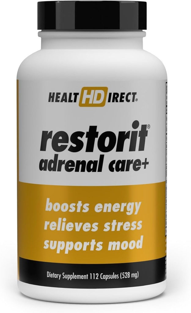 HEALTH DIRECT - Restorit Adrenal Care+ Adrenal Support & Cortisol Balance Supplement - Stress Relief, Calm Energy, Focus &amp; Resilience with B6, Ashwagandha, L-Theanine, 5-HTP, DHEA - 112 cápsulas