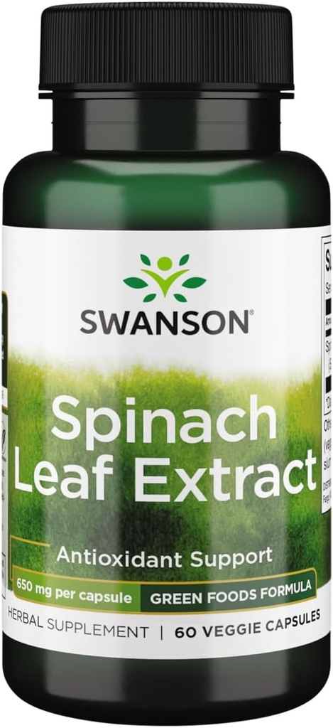 Extracto de la hoja de espinacas Swanson - Suplemento herbal Promoción de la salud general - Green Foods Fórmula w/Beneficial Thylakoids " Chlorophyll - (60 cápsulas de verduras, 650 mg cada uno)