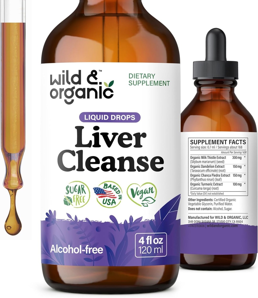 Wild &amp; Organic Liver Cleanse Detox Tincture - Milk Thistle, Dandelion Root Herbal Complex - Liquid Liver Support Supplement - Vegan, Sugar &amp; Alcohol-Free Milk Thistle Drops - 4 fl oz