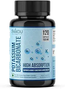 Suplemento de Potasio 1020mg Alta Absorción Potasio Bicarbonato- 120 Capsules Apoya Equilibrio de Electrolitos, Riñón y Bone Health