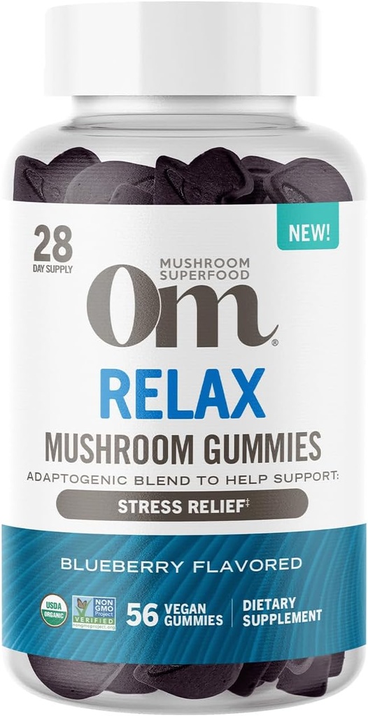 Om Mushroom Superfood Relax Gummies – 28 Servings – Blueberry Reishi & Ashwagandha Gummies for Stress Relief, Relax & Mood Support