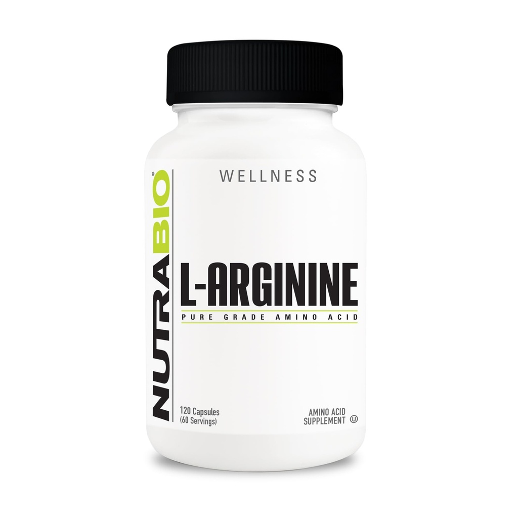 NutraBio L-Arginina Suplemento, 750mg - Nitric Oxide Precursor, apoya el flujo sanguíneo, la salud vascular y el crecimiento muscular- L suplementos de arginina para hombres y mujeres- 120 cápsulas