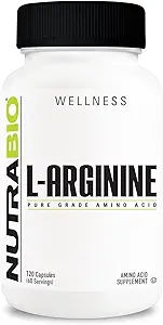 NutraBio L-Arginine Supplement, 750mg – Nitric Oxide Precursor, Supports Blood Flow, Vascular Health, and Muscle Growth- L Arginine Supplements for Men and Women- 120 Capsules