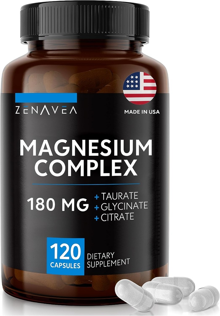 Suplemento Complejo de Magnesio Triple (120 cápsulas veganos) - 180 mg de Magnesio Glycinate Taurate y Citrato - Suplementos Complejos de Magnesio Calma