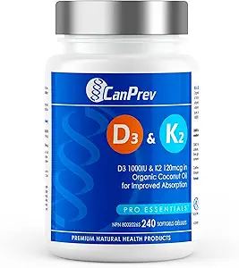 CanPrev D3 & K2 Vitaminas 240 Softgels, 240-Day Supply, 1000IU Vitamina D3 &amp; 120mcg K2, soporta huesos fuertes, dientes &amp; corazón Wellness, Easy-to-Absorb con aceite de coco orgánico, sin GMO, gluten, soy, lácteo