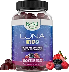 Nido Naturales Luna Kids Sleep Gummies - Non-Habit Forming Kids Melatonin Gummy with Valerian Root, Chamomile, and Lemon Balm - Children's Melatonin Sleep Aid - Mixed Berry, 60 Vegan Gummies
