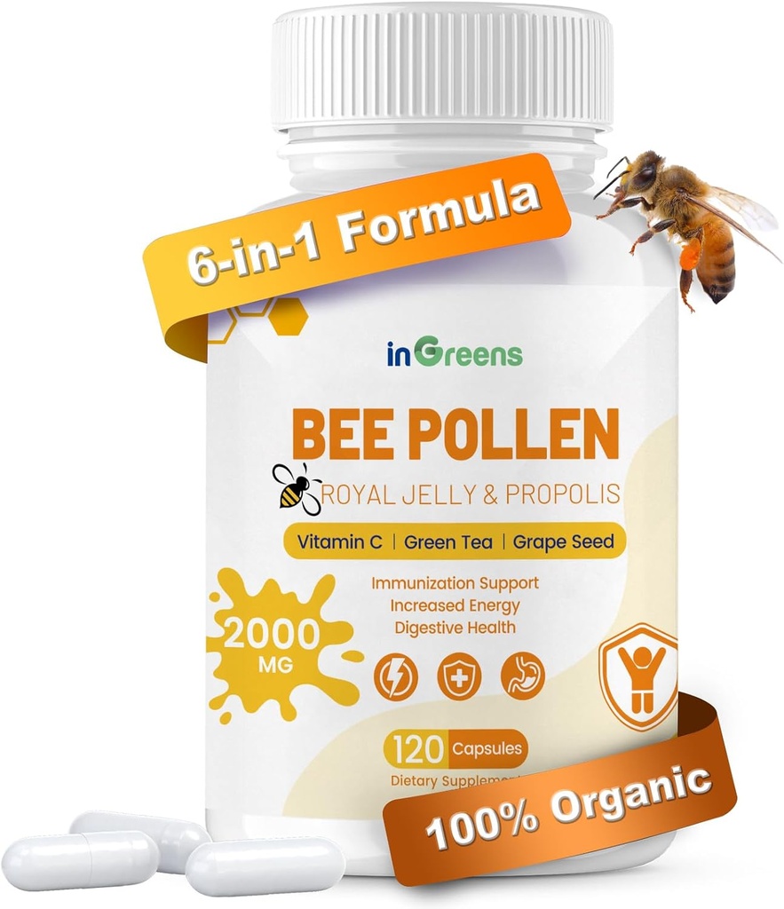 6-in-1 Bee Pollen Supplement, Bee Pollen for Women &amp; Men, Immune & Energy Support, Non-GMO, Made in USA, 120 Capsules