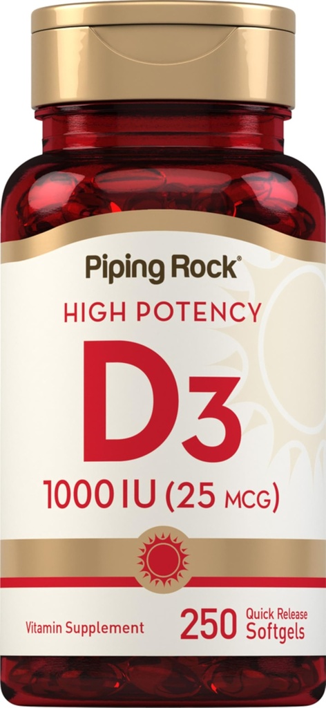 Piping Rock Vitamin D3 1000IU | High Potency (25 mcg) | 250 Softgels | Non-GMO, Gluten Free Supplement