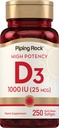 Piping Rock Vitamin D3 1000IU | High Potency (25 mcg) | 250 Softgels | Non-GMO, Gluten Free Supplement