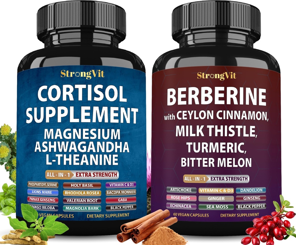 StrongVit Cortisol Supplement & Berberine Complex Bundle (120 Capsules)