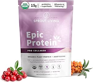 Sprout Living Epic Protein, Plant Based Protein & Superfoods Powder, Pro Collagen, Berry peru 15 Grams Organic Protein Powder, Vegan, Non Dairy, Non-GMO, Gluten Free, Low Sugar (0,7 libras, 12 servidos)