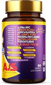 AJS Alpha GPC Nootropic Brain Supplement,Phosphatidylserine,St. John'sWort Ginkgo Biloba,Ashwagandha,Bacopa Monnieri,Pterostilbene,Magnesium Glycinate,Ginkgo Biloba,5-MTHF,Huperzine A 60CT,90 cápsulas