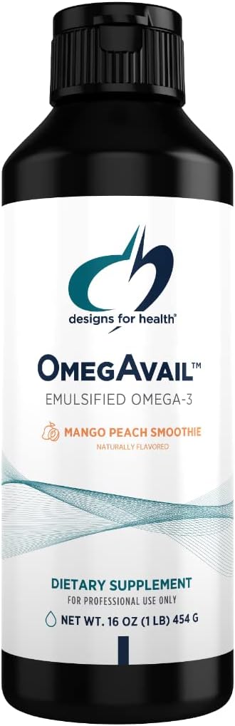 Diseños para OmegAvail Smoothie - Omega 3 TG Triglyceride Fish Oil Emulsion con DHA + EPA - Suplemento líquido para Cardiovascular + Brain Support, Mango Peach Flavor (43 Servings / 16oz)
