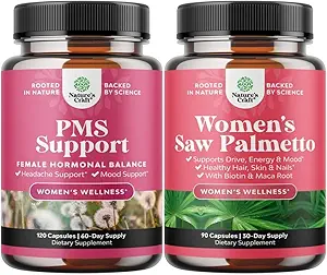 Bundle of Advanced PMS Support Supplement for Low Energy Mood Support Period Cramps and Bloating Relief for Women and Extra Strength Saw Palmetto for Women - DHT Blocker Thickening Hair Vitamin