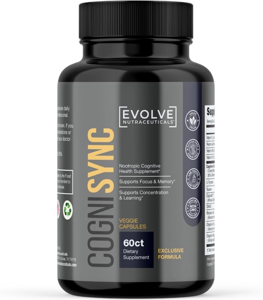 Cognisync Nootropic Brain Health Suplemento 60ct, 12 potentes ingredientes, Lion's Mane, Alpha-GPC, Cognitive Enhancement, Brain Fog Support, Memory Support, Smart Drug Alternative