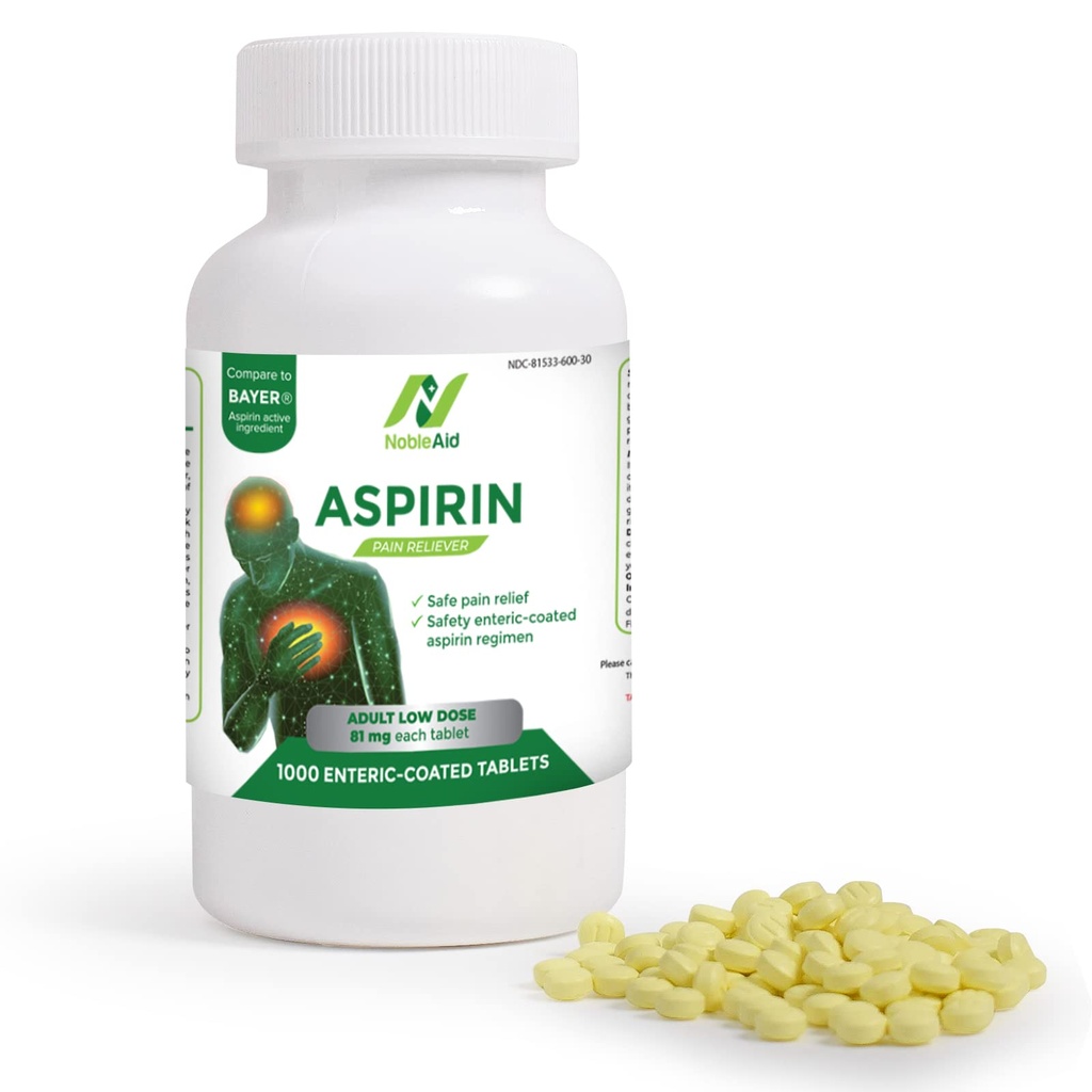Pure Low Dose Baby Aspirin 81mg for Adults, 1,000 Count Enteric Coated Aspirin Tablets for Men and Women, Safe Relief for Symtoms Associated with Headache, Arthritis, Cramps