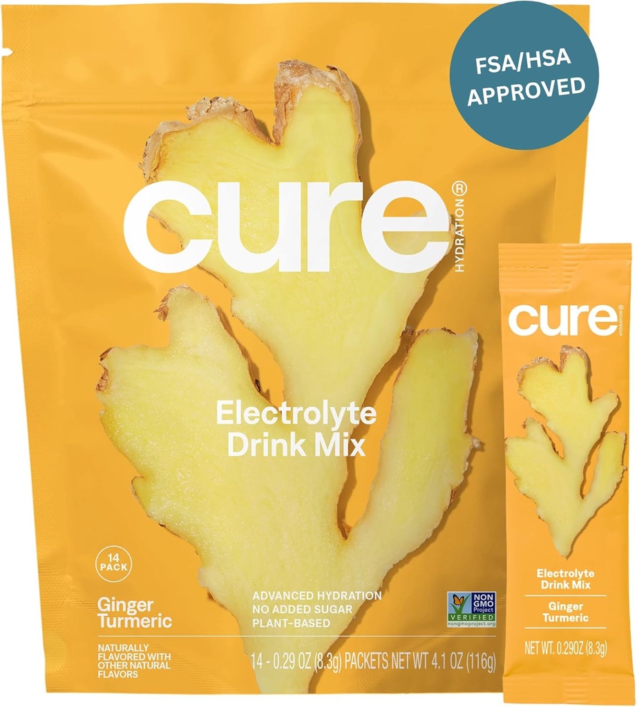 Cure Hydration ¦ Plant-Based Electrolyte Drink Mix ← No Añadido Sugar ← FSA-HSA ← Dehydration Relief Powder Made with Coconut Water ← Non-GMO Silencio Vegan tención Pouch of 14 Packets - Ginger Turmeric