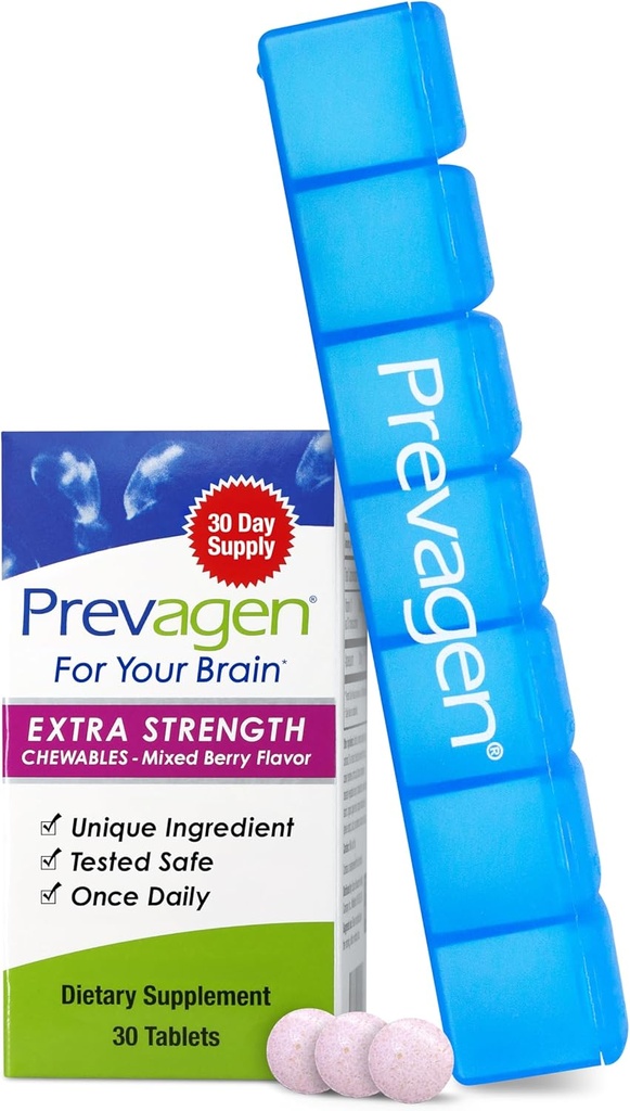 Prevagen Extra Strength Mixed Berry Chewables - 30 Tablets (1 Mes de Suministro) Silencio Formulado para Su Cerebro Silencio 20 mg de Apoaequorin Plus Vitamin D3 con 7-Day Pill Minder