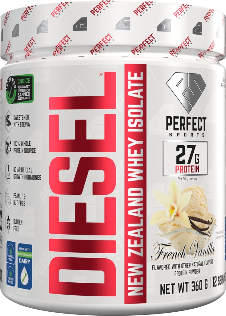 PERFECT SPORTS Diesel 100% New Zealand Whey Protein Isolate | Stevia Sweetened, No Artificial Ingredients, Keto | 0g Carb, 0g Fat, 27g Protein | 360 Grams (French Vanilla)