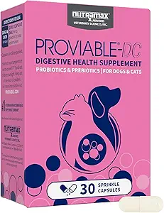 Probióticos proviables Nutramax para perros y gatos, suplemento diario de salud digestiva con múltiples estragos de bacterias, probióticos de gato y perro más prebióticos, 30 cápsulas