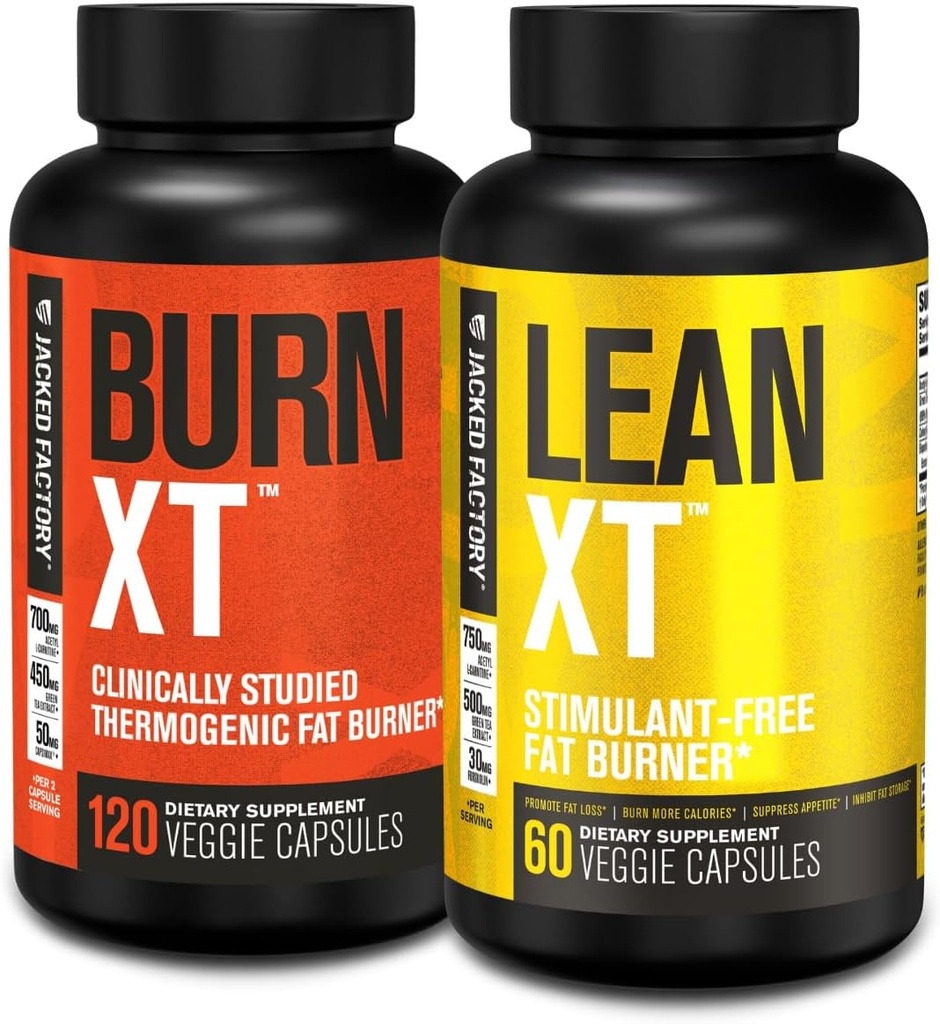Jacked Factory Burn-XT Clinically Studied Fat Burner &amp; Weight Loss Supplement - Appetite Suppressant & Energy Booster (120 cápsulas) & Lean-XT Caffeine-Free Fat Burner (60 cápsulas)