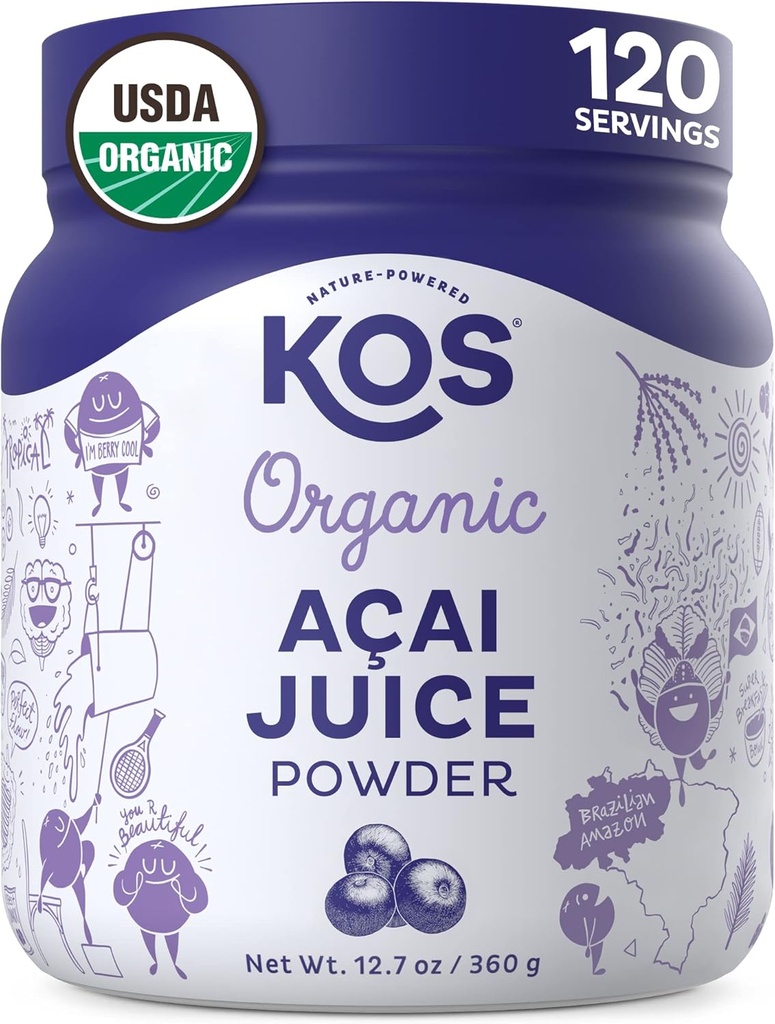 KOS Organic Acai Juice Powder - USDA Certified Organic, Plant Based Superfood Antioxidants, Superberry de Brasil, Great for Smoothies and Bowls, 0g Sugar, Vegan, Gluten-Free, Non-GMO - 120 Servings