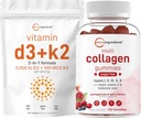 Micro Ingredientes Vitamina D3 5,000iu + K2 100mcg Softgels & Multi Collagen Peptides Gummies Bundle Pack ← Esencial Sunshine Vitaminas  Tipo I,II,III,V,X Proteína con Biotina, Ácido Hialurónico, Vitami