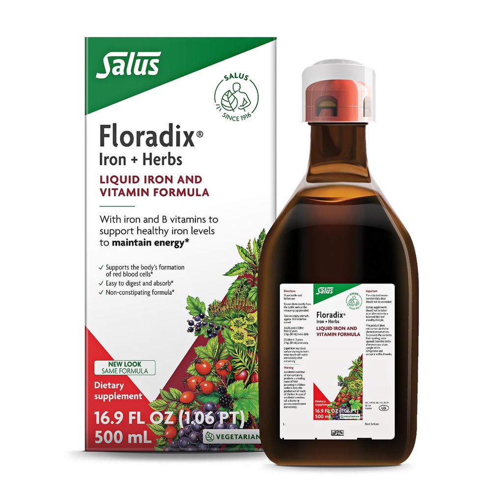 Floradix Iron & Herbs - Liquid Herbal Supplement for Energy Support - Iron Supplement with Vitamin C & Vitamin B Complex - for Men & Women - 16.9 fl oz