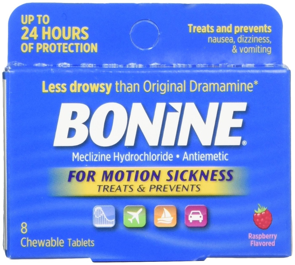 Bonine Motion Sickness Relief Chewable Tablets Bundle with Non-Drowsy Meclizine Hcl 25mg Travel-Sized 16ct and Raspberry Flavored 8ct