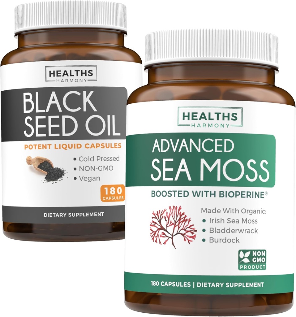 Black Seed Oil & Irish Sea Moss (3-Month Supply) - Power Duo Bundle of Black Seed Oil (180 capsules) Cold-Presed Nigella Sativa & Irish Sea Moss (180 cápsulas) con Bioperine y Bladderwrack