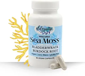 Elderwise Sea Moss Capsules - Sea Moss with Burdockroot & Bladderwrack - Superfood Supplement - 60 Vegan Capsules - 30 Day Supply - Dosificación 2 al día - 1400 mg