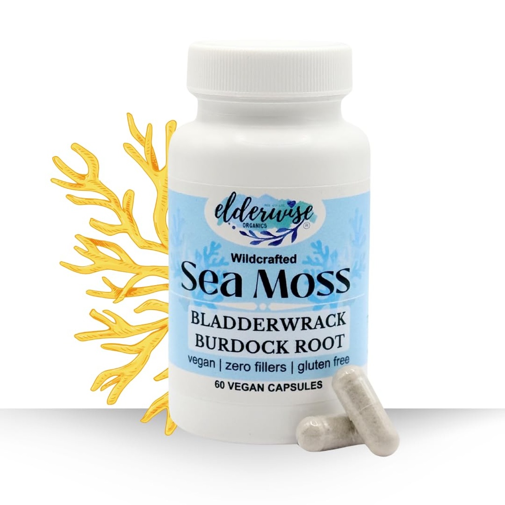 Elderwise Sea Moss Capsules - Sea Moss with Burdockroot & Bladderwrack - Superfood Supplement - 60 Vegan Capsules - 30 Day Supply - Dosificación 2 al día - 1400 mg