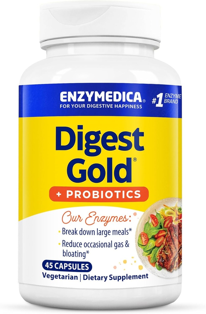 Enzymedica Digest Gold + Probióticos, 2-en-1 Fórmula para Gut Health, Enzymes Digestivos " 1 billón de culturas probióticas activas, 45 Cuenta (FFP)