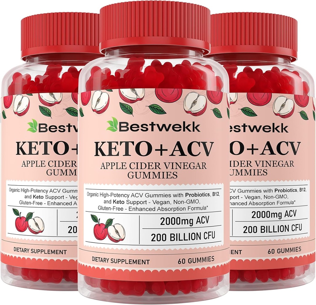 Manzana Vinagre Gummies, Max Strength 2000mg ACV Gummy con Probióticos, B12 y Keto Support, Para Digestión, Metabolismo, Detox, Gut &amp; Immune Health, Gelatin-Free, Non-GMO, 180 keto acv gummies