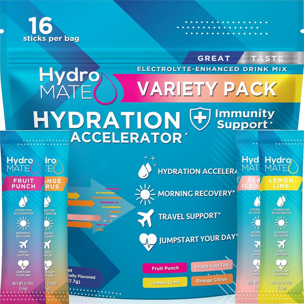 HydroMATE Electrolyte Powder Variety Pack Hydration Packets Low Sugar 16 Count